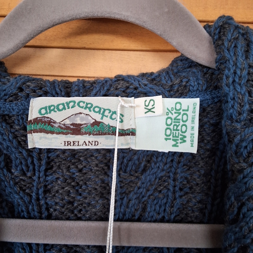 Aran Crafts Cable Knit Herringbone Shawl Collar Hooded Sweater Coat XS N… - Picture 6 of 9